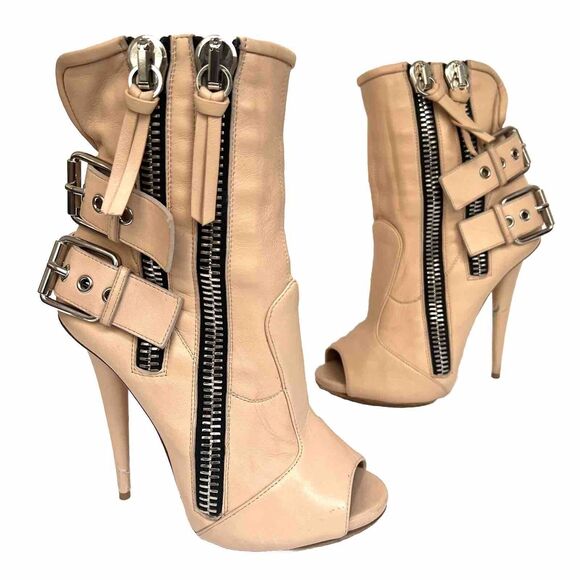 Giuseppe Zanotti Double Buckle Biker Peep Toe Booties Size 38 In Blush - Picture 1 of 7